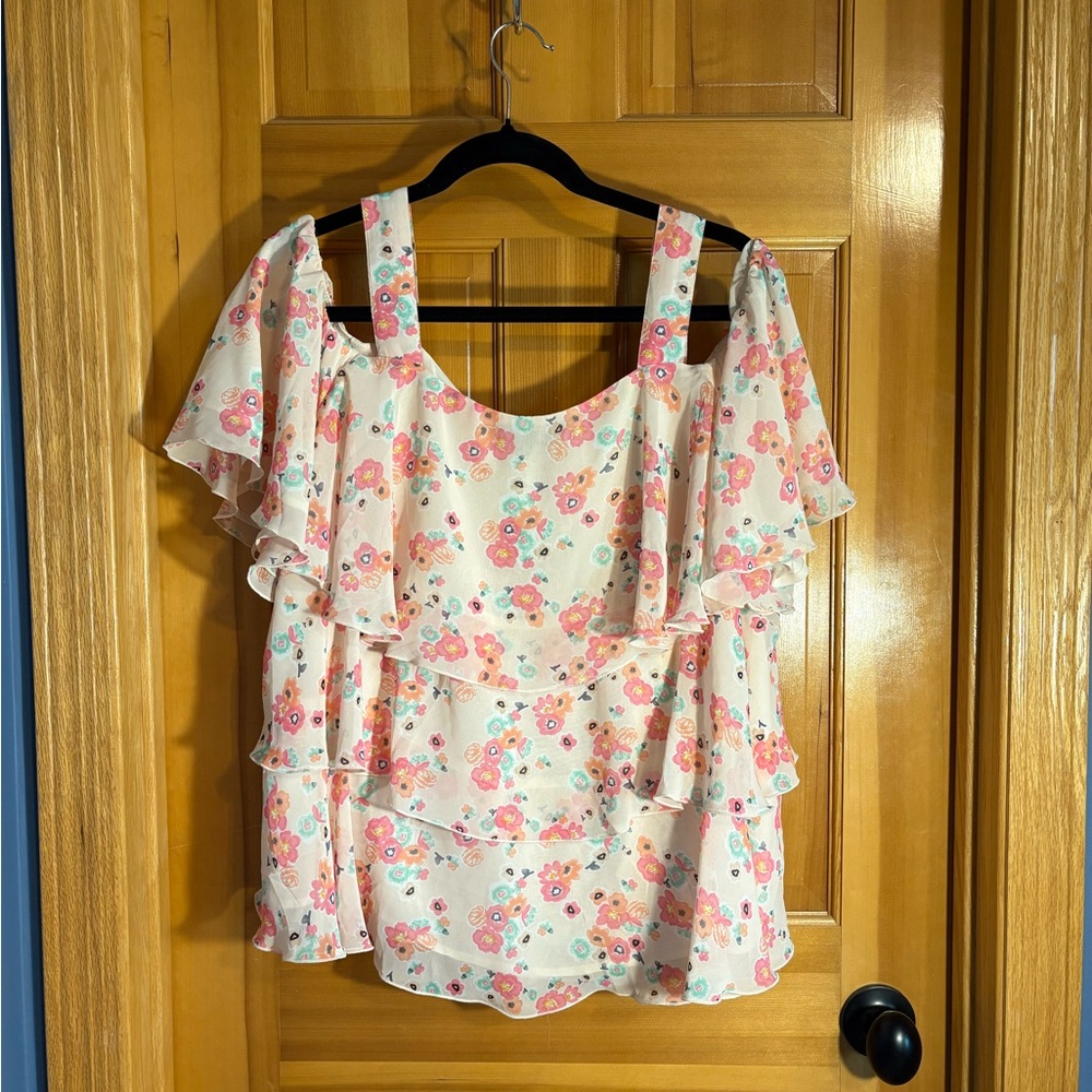 Lane Bryant Floral Ruffle Blouse - Pink and Cream